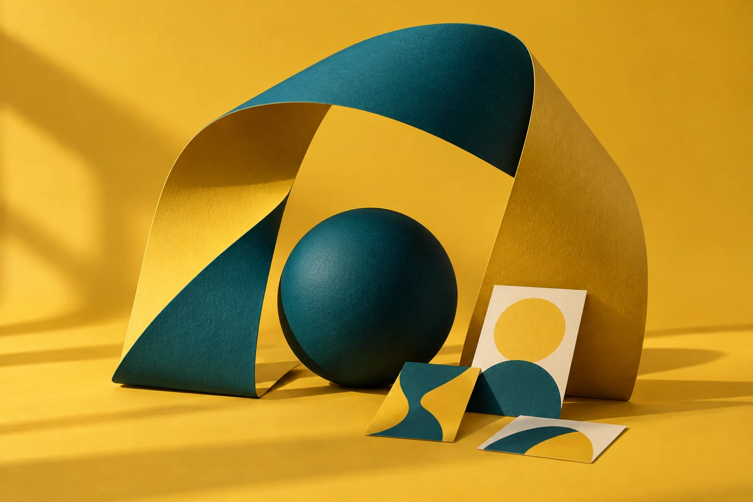 An expressive teal and golden paper sculpture with geometric printed artwork