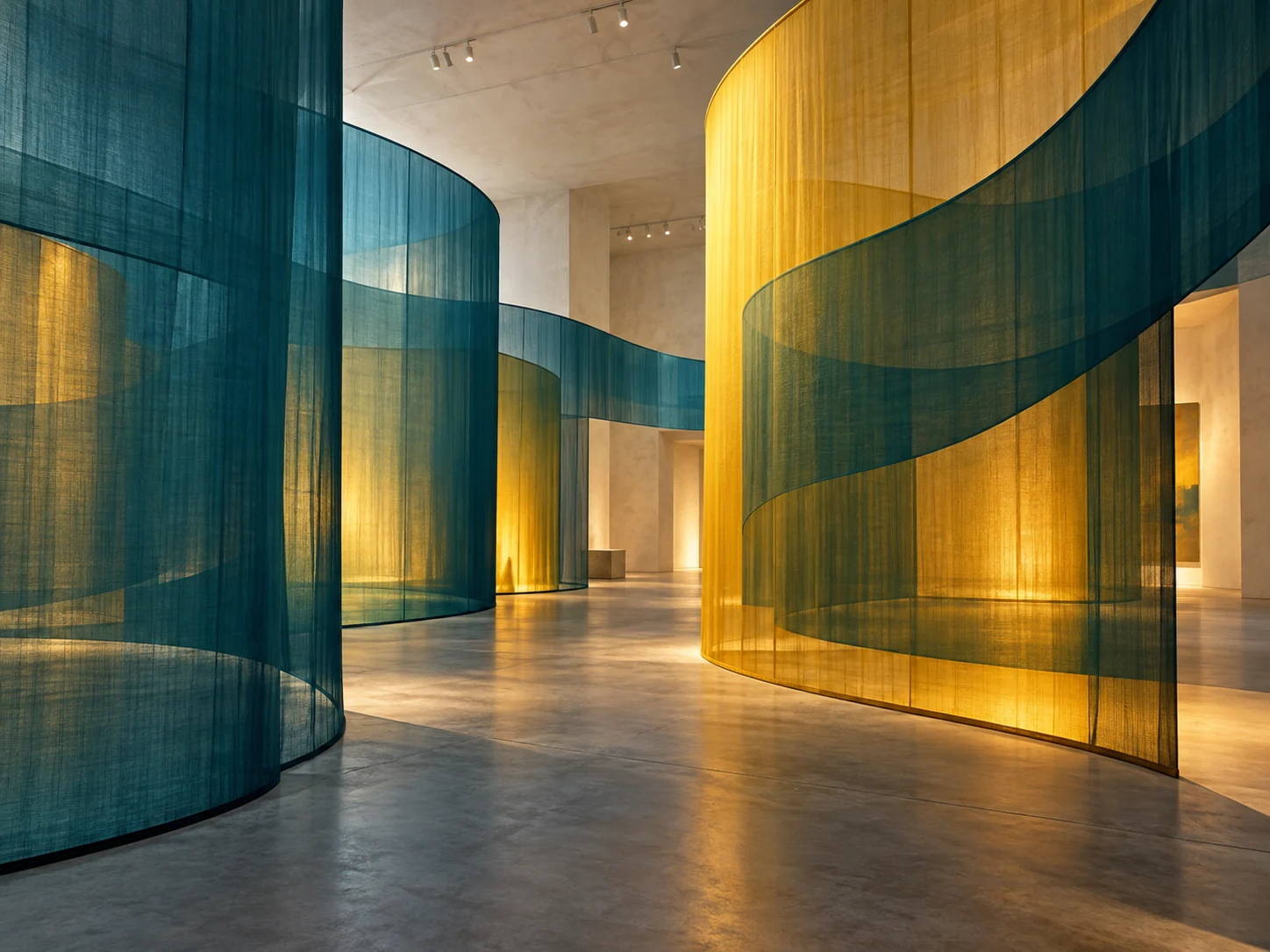 Conceptual gallery installation with sweeping gold and teal fabric